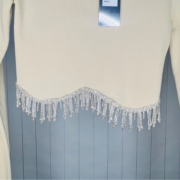 The Dixie Beige Rhinestone Fringe Long Sleeve Crop Top Disco Cowgirl Swifties L - Picture 10 of 10